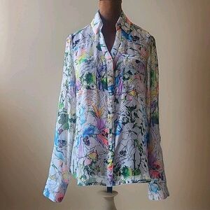 Y2K Express Button Down Blouse‎ Colorful Floral Sheer Roll Tab Sleeve Size XS